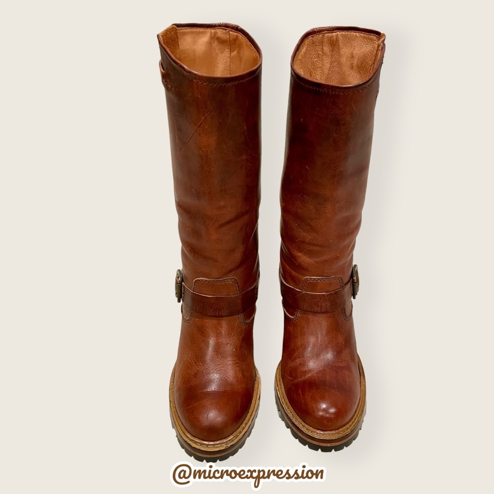 $388 Frye Mildred Brown English Engineer Leather Buckled Heeled Riding Boots - Picture 4 of 14